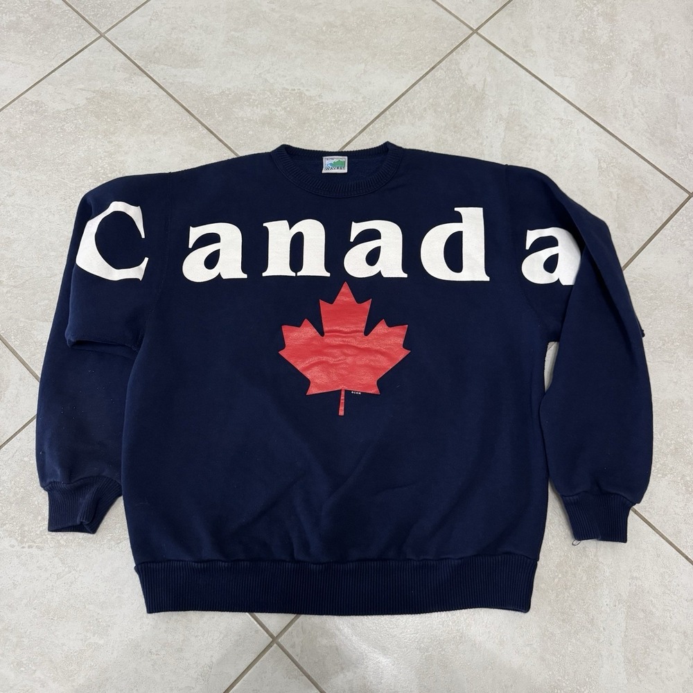 Vintage Canada‎ Sweatshirt Mens XL Blue Crewneck Spell Out Maple Leaf Fleece 90s